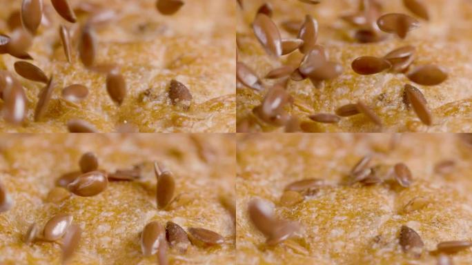 宏观: 种子散布在一条全麦面包的外壳上。