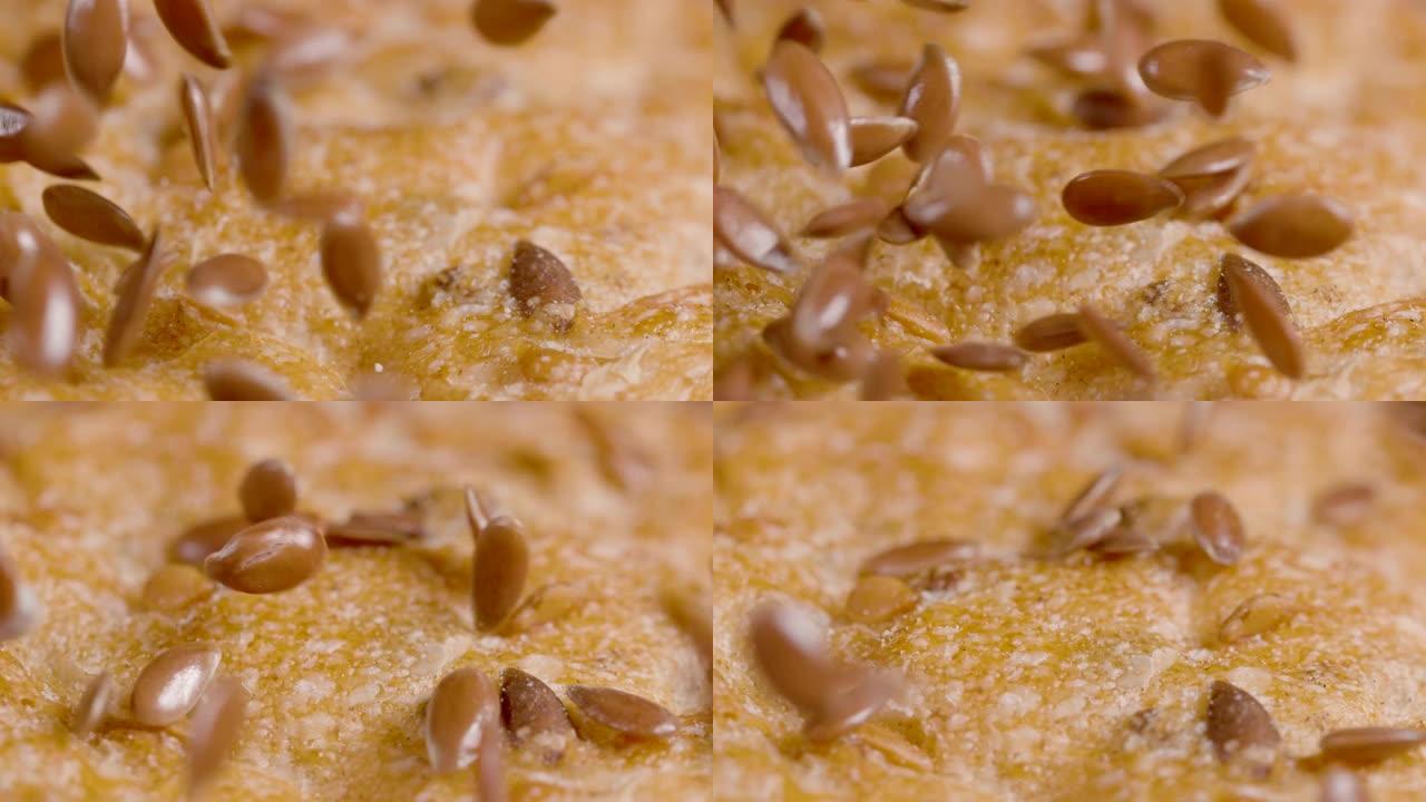 宏观: 种子散布在一条全麦面包的外壳上。