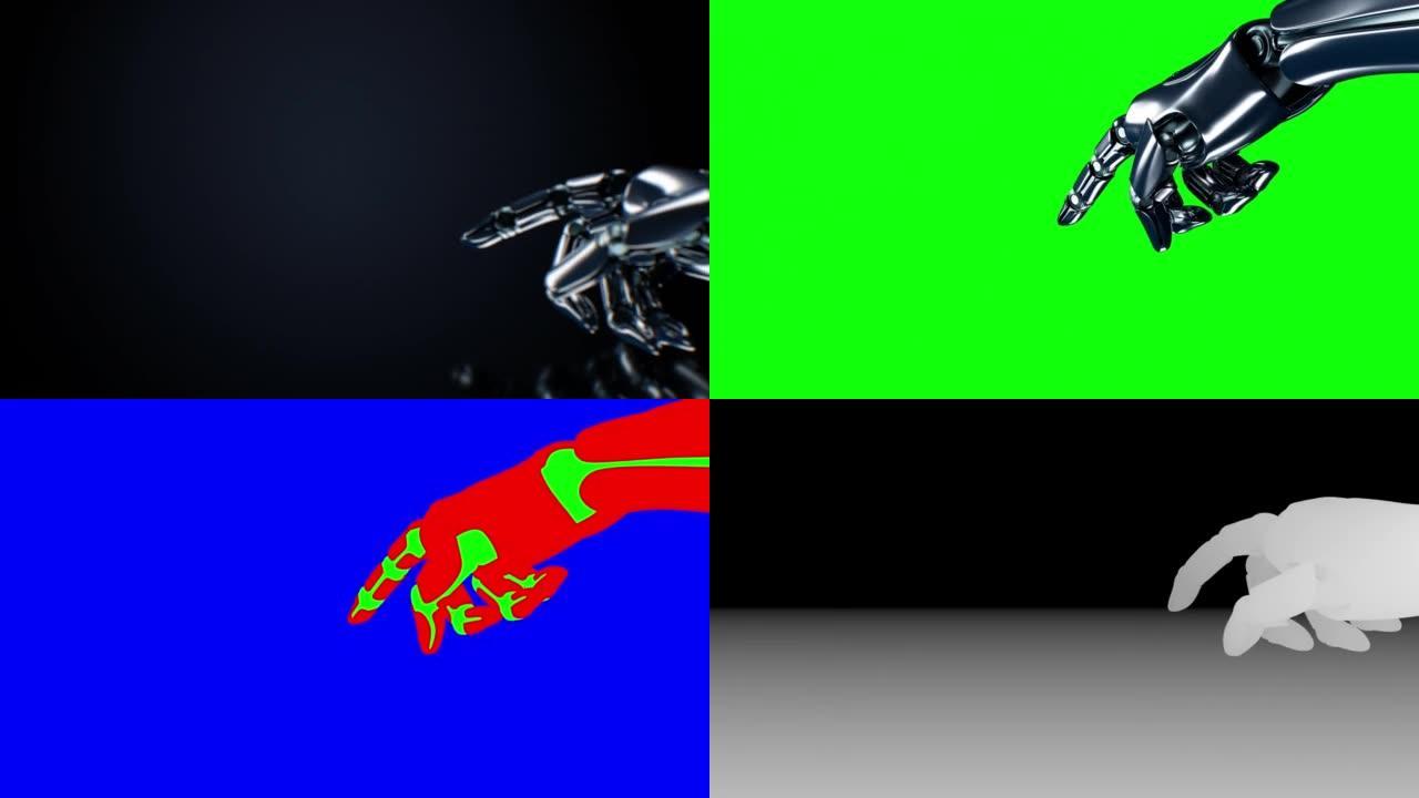 机械臂触摸屏幕特写3d动画Alpha Mask Z-Depth金属手指推蓝色虚拟发光按钮。假手。人工
