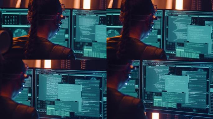 赛博朋克女孩与多个计算机屏幕一起工作，进行编程和编码