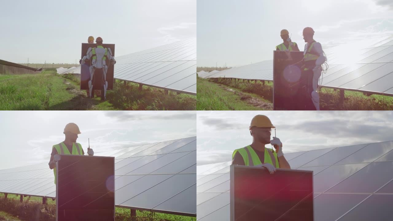 男性工程师在收到太阳能电池板后在广播中讲话