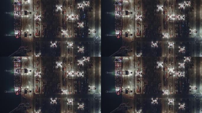 夜间集装箱运输繁忙工业港口的T/L鸟瞰图