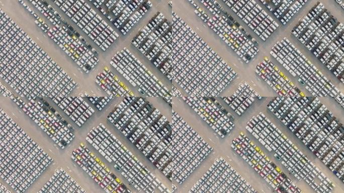 现代海港大型停车场新车配送中心鸟瞰图。