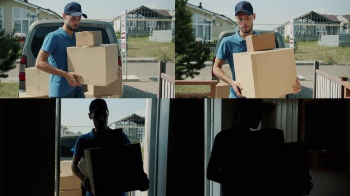 认真的年轻送货员将箱子从面包车带到郊区工作的房屋