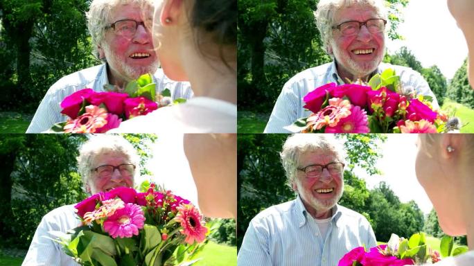 快乐的老人送花