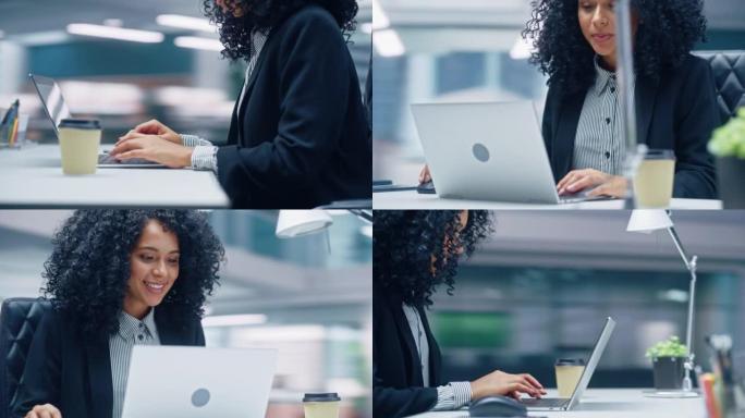 360学位办公室: 黑人女商人坐在办公桌前，在笔记本电脑上工作。成功的非洲裔美国女性从事大数据电子商