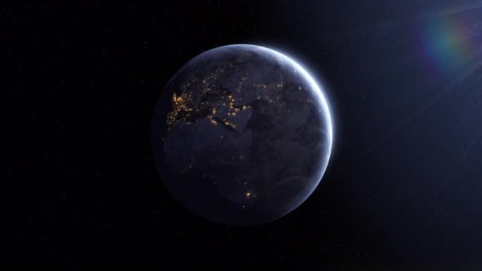 飞向地球的阴暗面，夜城之光。行星地球在恒星背景上旋转。从太空看地球。逼真的3d动画正确的行星运动。