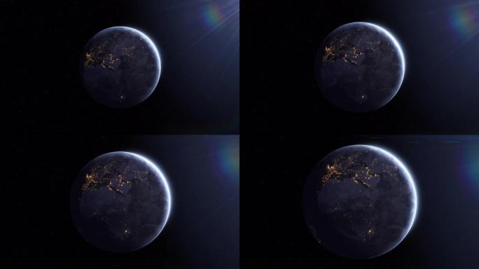 飞向地球的阴暗面，夜城之光。行星地球在恒星背景上旋转。从太空看地球。逼真的3d动画正确的行星运动。
