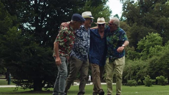 穿着夏威夷衬衫的快乐资深朋友在公园里一起玩乐的肖像。一群老人在度假，拥抱，散步，大笑。他们正在庆祝他