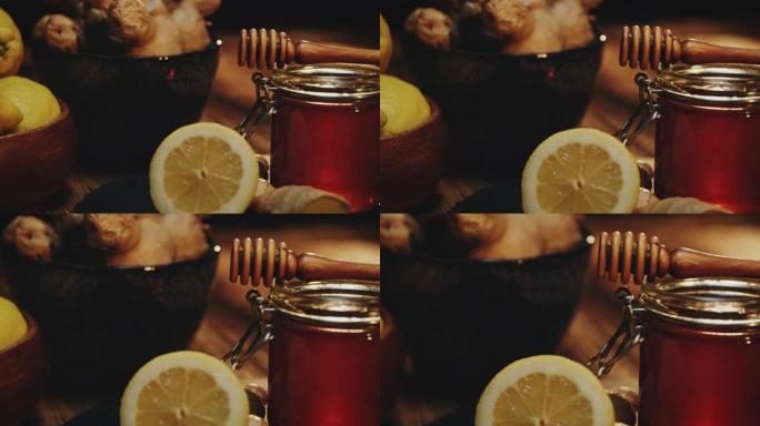 蜂蜜柠檬和姜桌面微距