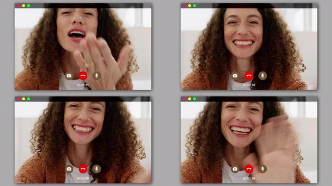 视频通话，亲吻和与伴侣交谈，交流或交谈后，带着爱和幸福微笑的女人。连接，波浪和成熟的人喜欢在社交网络