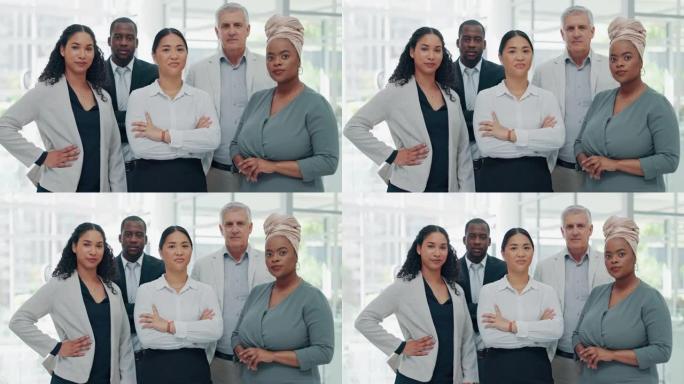 领导力、信心和多样性，创业团队与女性首席执行官站在办公室。团队合作，协作和信任，成功的商业男女与团队