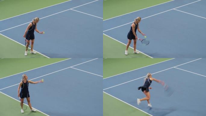 女子网球运动员在锦标赛期间用球拍击球。职业女运动员罢工成功。世界体育锦标赛。静态高角度宽镜头