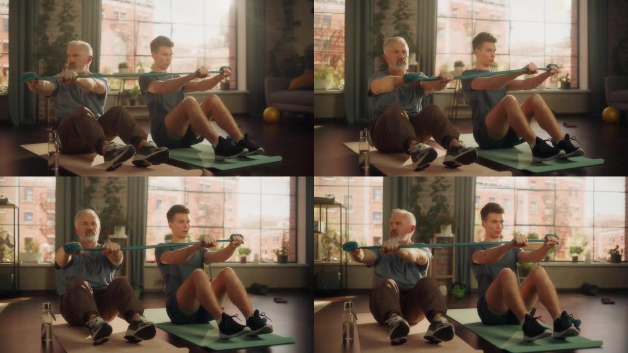 中年男子在家和私人教练一起锻炼。高级男性通过弹性绳锻炼增强核心肌肉。年轻人支持和指导他完成训练。