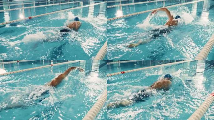男子游泳运动员在奥林匹克游泳池游泳。专业运动员在锦标赛上表演，使用前爬行，自由泳技术。取胜的决心。高