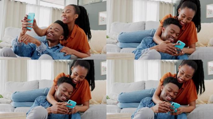 社交媒体上的电话，模因和幸福的夫妻在家里一起嘲笑喜剧，喜剧和有趣的内容。人们，爱情和黑人妇女与黑人男