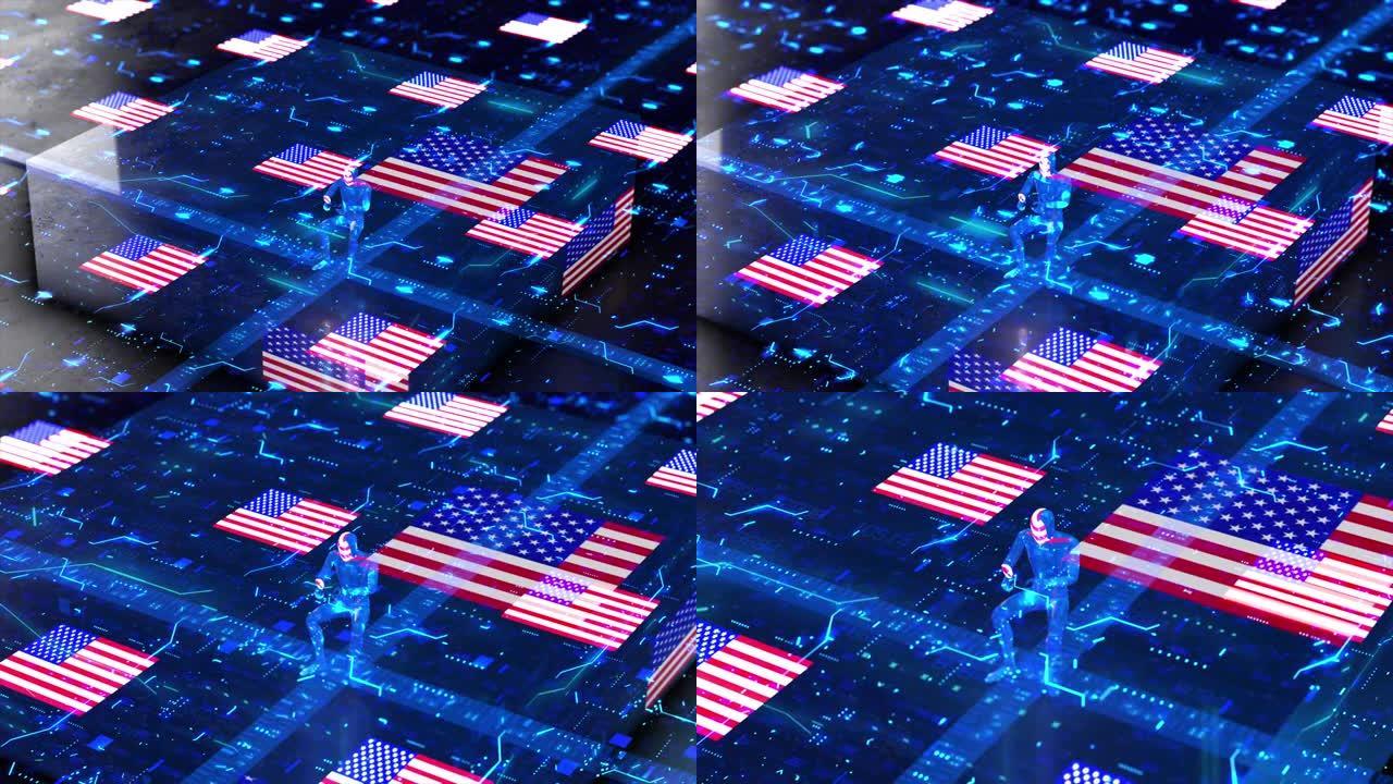 芯片战争，人工智能处理技术环境中的信息。美国国旗。