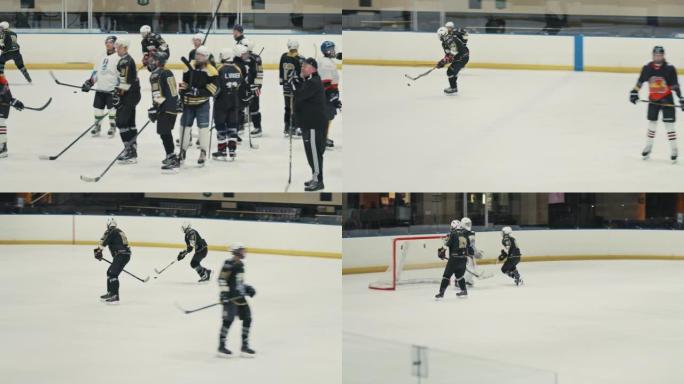 冰球队在加拿大的溜冰场练习进球策略和技巧。加拿大体育团体训练，在专业主场用棍棒和圆盘滑冰和比赛。