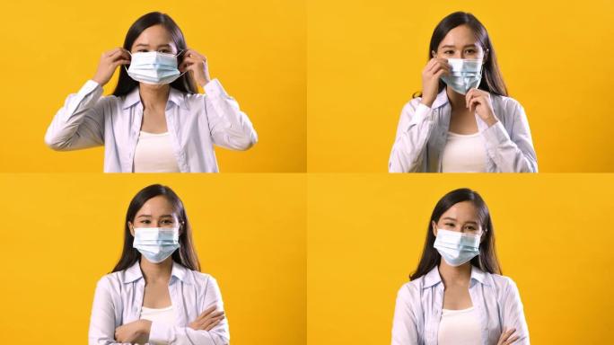 亚洲妇女戴着保护面具，防止病毒和疾病隔离在黄色背景