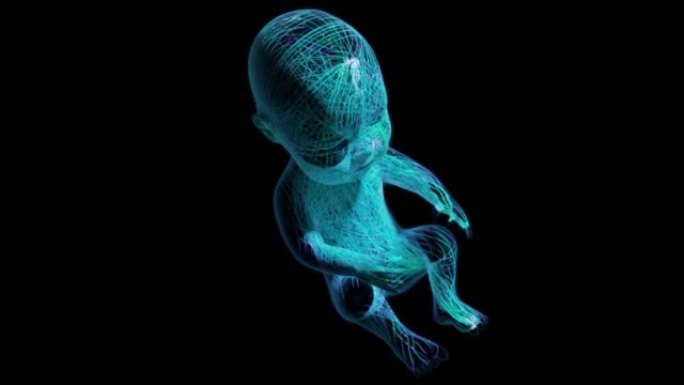 婴儿出生前的模型，在黑暗的空间中翱翔