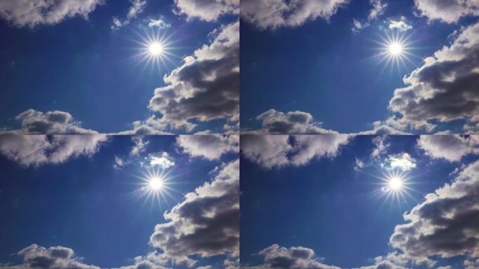 前面有太阳和积云的蓝天，缓慢缩小