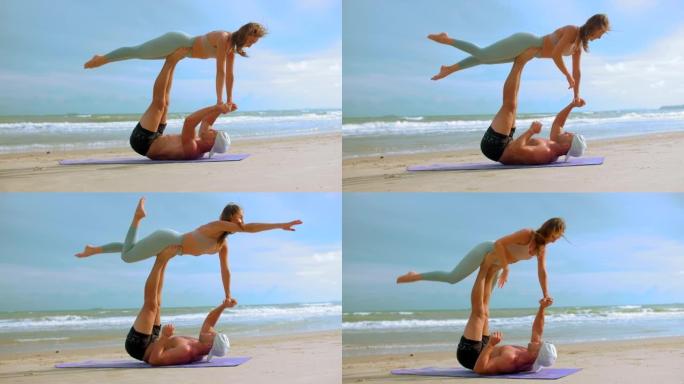 沙滩上的Acro瑜伽，情侣，瑜伽