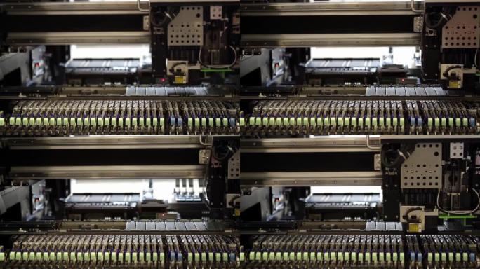 印刷电路板Sssembly自动取放机，表面贴装技术。特写。4k分辨率。
