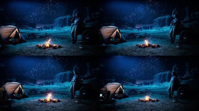 女性旅行者在篝火旁露营时看着夜空。一个热爱自然的女人的旅行冒险，在漫游者中寻找银河系的星星。公路旅行