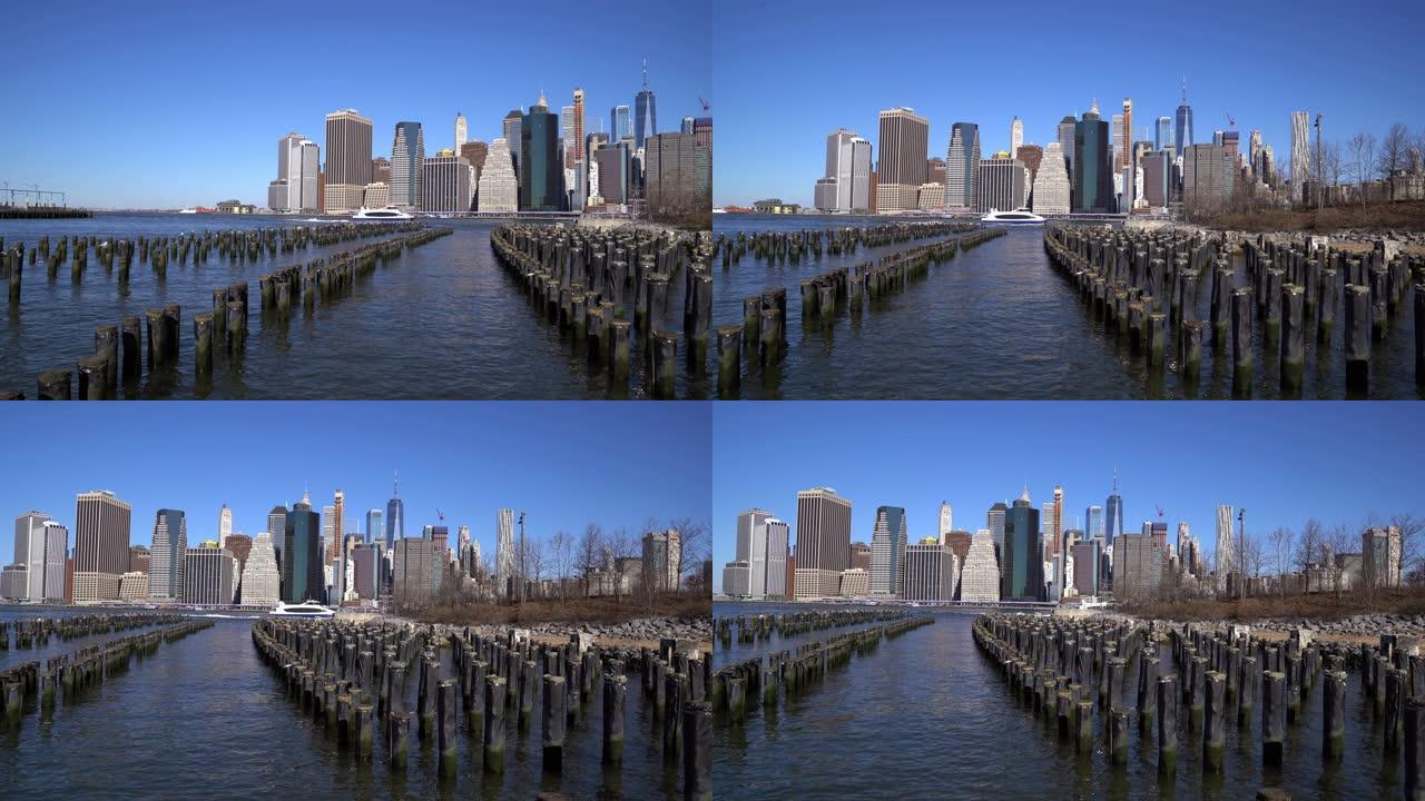4k平移镜头: 美国纽约曼哈顿下城天际线摩天大楼。