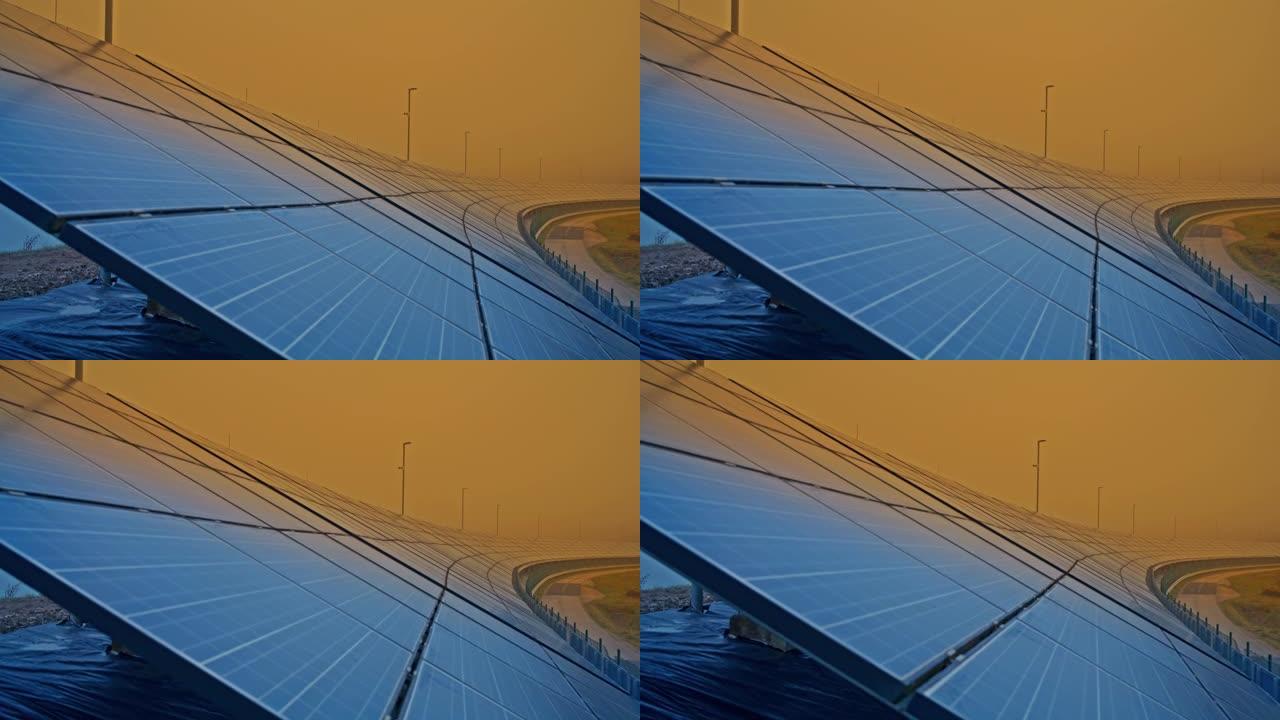 黄昏时的无人机太阳能电池板