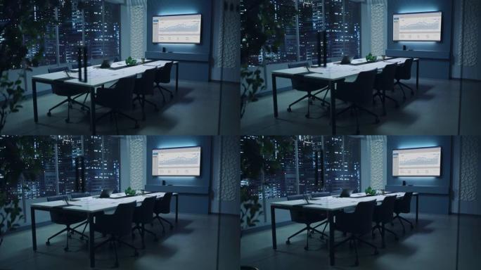 现代化的空会议室，有大会议桌，上面放着各种文件和笔记本电脑。墙上电视显示公司的增长、统计、线图。外面