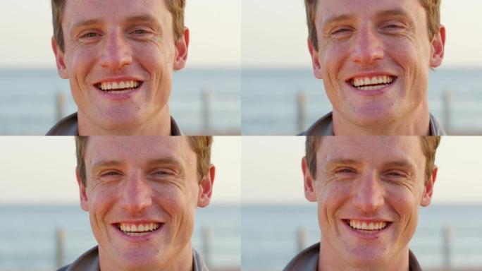 男人，脸上和微笑的肖像在海滩上度过快乐的旅行假期或户外暑假。在蓝天背景下的阳光，海浪和水中，滑稽，大