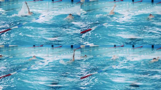 男子在游泳池里背游泳的慢动作