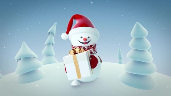 圣诞老人帽子里有趣可爱的雪人在冬季森林里带着礼品盒行走。美丽的循环3d卡通风格动画贺卡。圣诞快乐新年