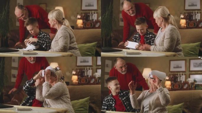 祖父母看着孙子准备VR护目镜