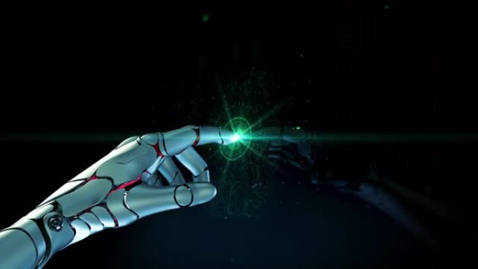 特写人工智能概念: 机器人激活未来派Web量子AI Arm触摸屏按钮。计算机技术与数字化大脑的三维可