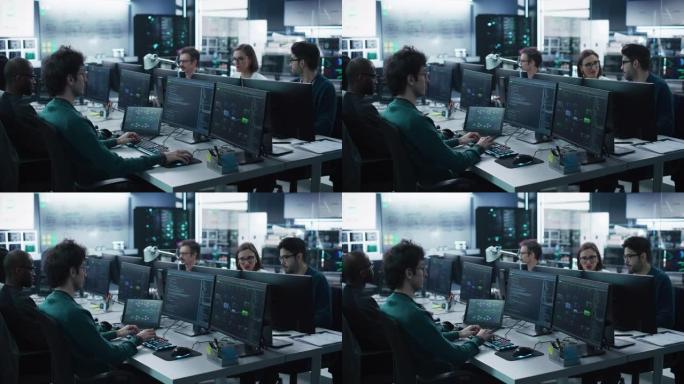 一群在研究中心工作的被授权的多元文化的男女，使用计算机运行高级软件，开发人工智能接口和网络安全协议