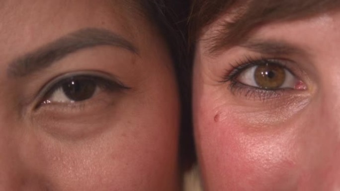 特写，肖像: 两个年轻女性棕色眼睛并排的详细视图