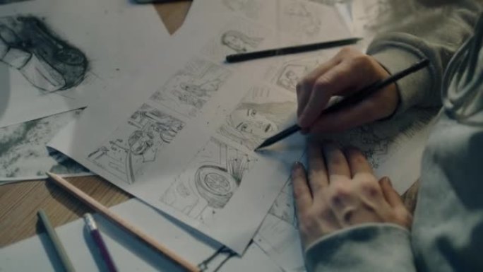 年轻的女艺术家在一张纸上画漫画人物的草图