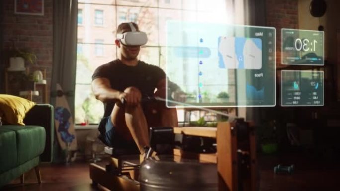 家庭健身房的虚拟现实功能: 男人戴着虚拟现实耳机在排行机器上锻炼，信息图表显示医疗保健统计数据和地图