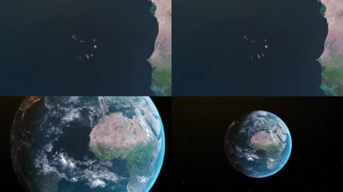 佛得角地图，通过4K照片真实动画地球仪进入太空，包括非洲、西亚和欧洲的全景。史诗旋转世界动画，现实星