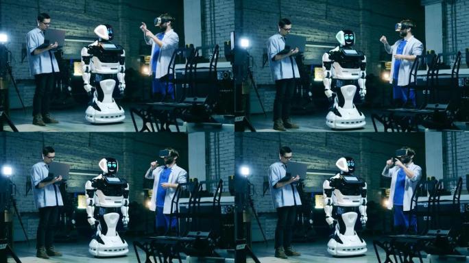 未来主义技术概念。工厂工人使用VR测试机器人。未来，创新，科学，机器人概念。