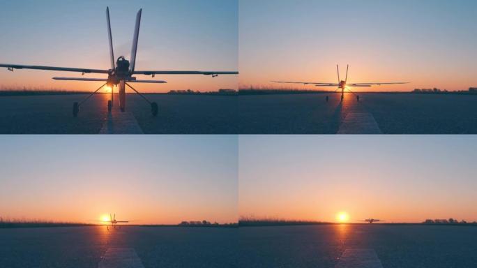 在美丽的日落背景下测试新的avia模型的飞行