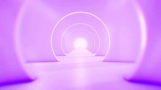 飞过未来主义的隧道。抽象3D动画。照明走廊，室内设计，宇宙飞船，科学，实验室，技术，科学，建筑，工业