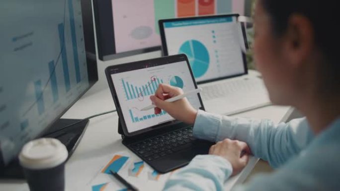 女商人之手使用数字平板电脑分析商业数据金融分析师在数字平板电脑上看到图表