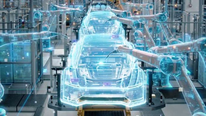 前视图汽车工厂数字化: 自动化机器人手臂装配线制造高科技可持续电动汽车。未来人工智能计算机视觉分析，