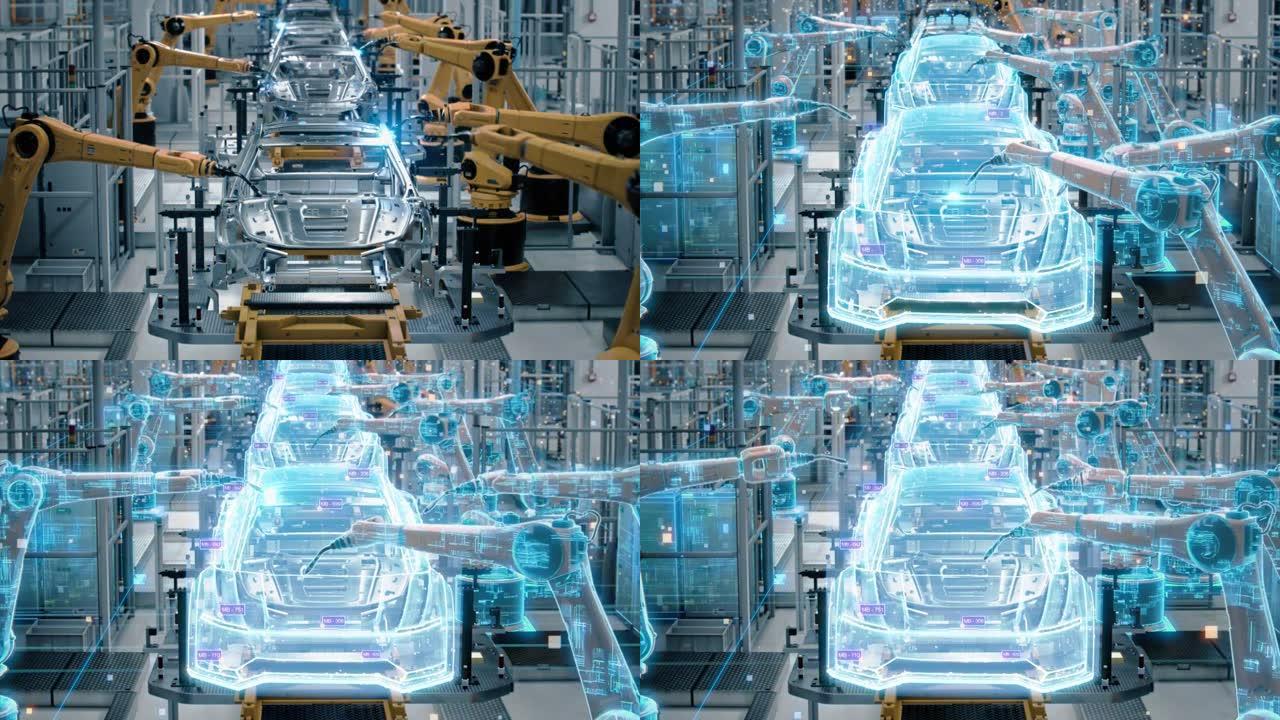 前视图汽车工厂数字化: 自动化机器人手臂装配线制造高科技可持续电动汽车。未来人工智能计算机视觉分析，
