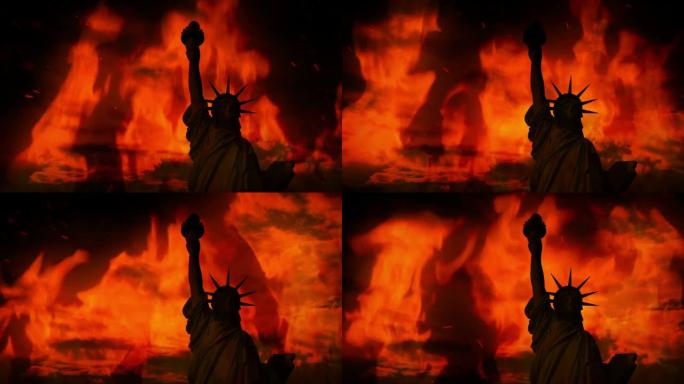 自由女神像黑暗在火焰天空-危机概念