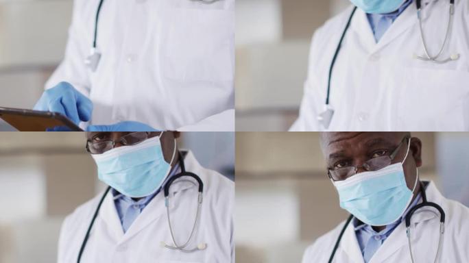 非裔美国高级男医生穿白大褂使用数码平板电脑