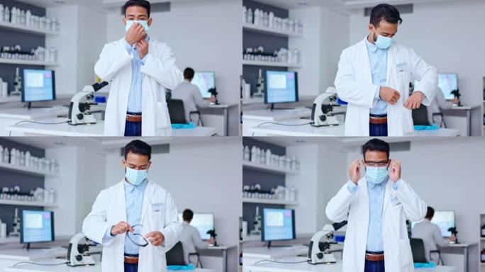 博士科学家戴着面罩和护目镜在一个研究实验室，手持相机运动。一名医学病理学家对找到新冠病毒治愈方法的实